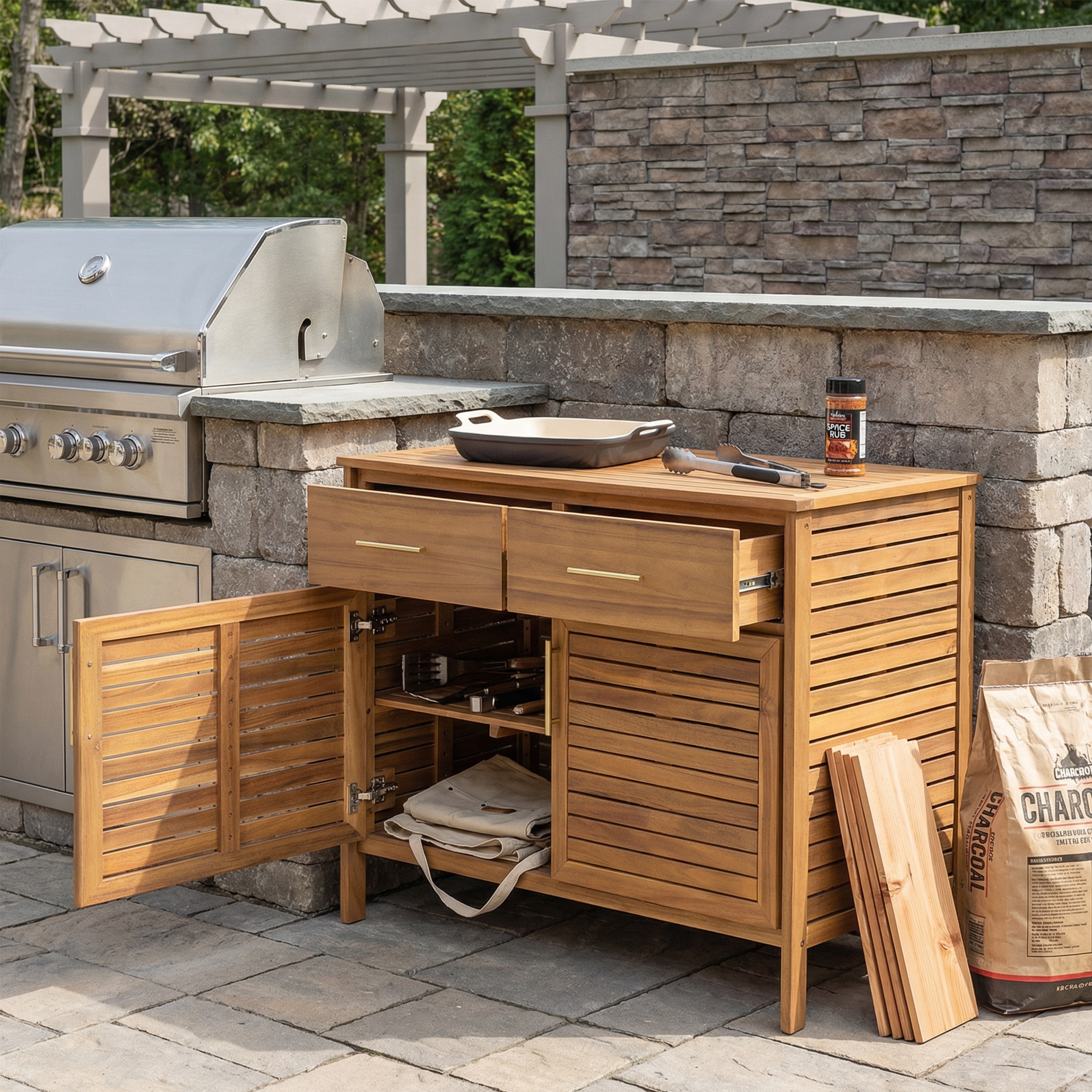 Christopher Knight Home - Cypress Outdoor/Indoor Acacia Wood Patio Storage Cabinet with Ventilated Slat Doors & Drawers