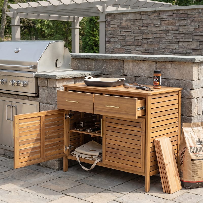 Christopher Knight Home - Cypress Outdoor/Indoor Acacia Wood Patio Storage Cabinet with Ventilated Slat Doors & Drawers - Light Brown