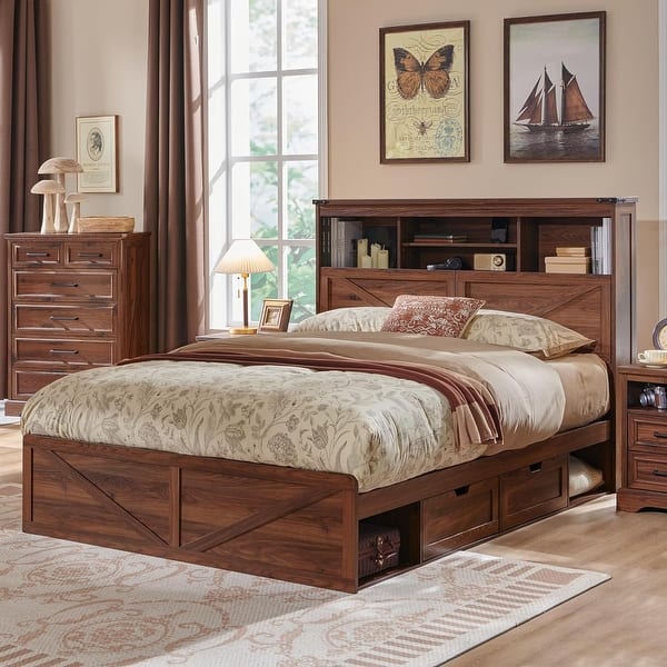 Farmhouse Queen Size Wood Bed Frame with Storage Headboard and Drawers - Brown