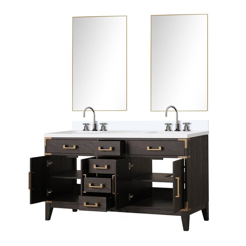 Laurel 60 in W x 22 in D Black Oak Double Bath Vanity, White Quartz Top, Faucet Set, and 28 in Mirrors