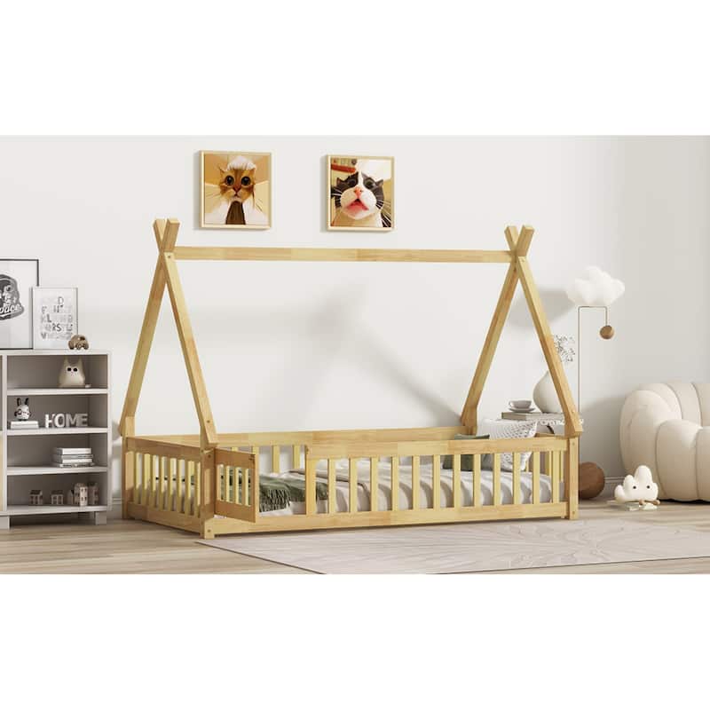 Roomfitters Twin/Full Tent-Shaped Floor Bed with Teepee Frame, Rubber Wood Platform with Guardrails, Slats and Door