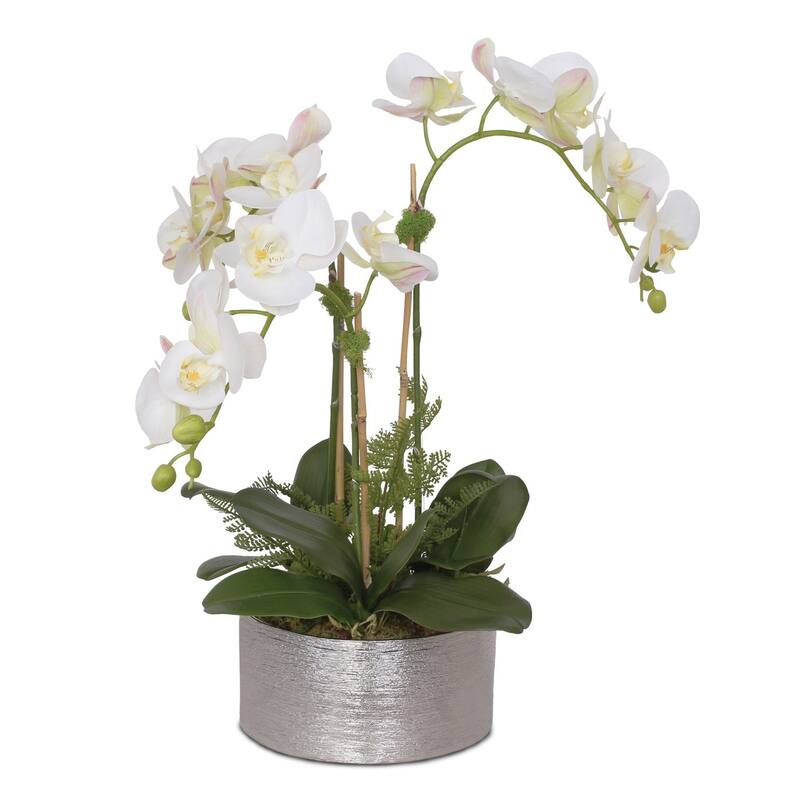 Real Touch White, Pink Green Orchid Arrangement in Round Silver Ceramic Pot - 18W x 18D x 18H