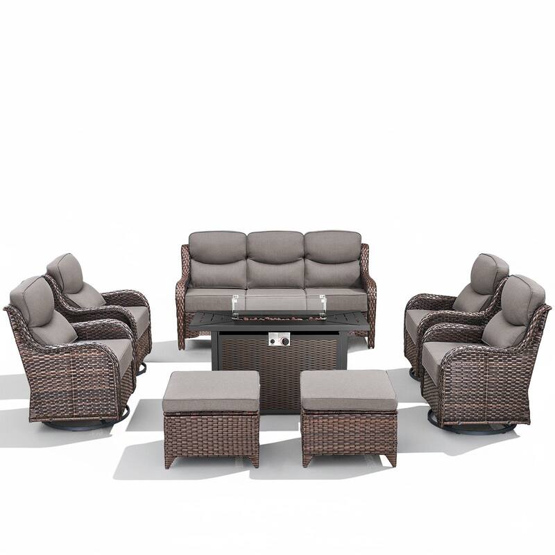 Arcadia 8-Piece PE Wicker Patio Seating Set with Durable All-Iron Fire Pit and 6-Inch Cushions