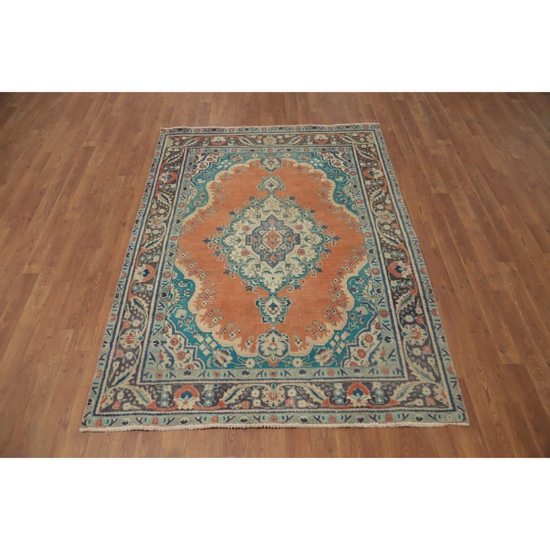 Hand Knotted Oriental 100% Wool Carpet Traditional Medallion Oranges & Rust Tabriz Area Rug - 6' 1'' X 4' 6''