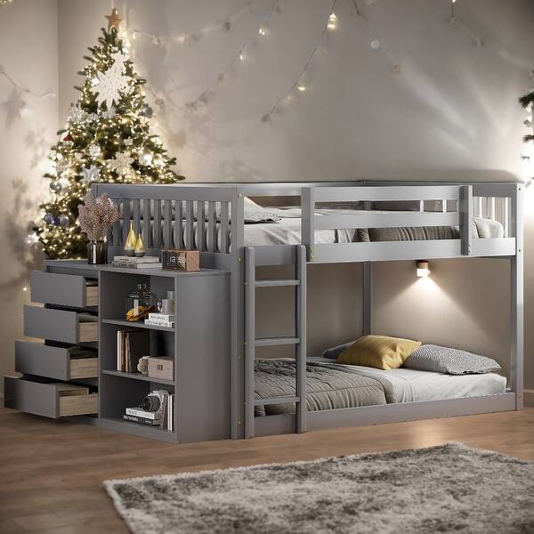 slide 2 of 11, 50"H Grey Full over Full Bunk Bed with 4 Drawers and 3 Shelves Grey - Full