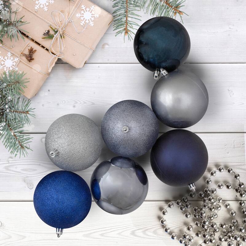 12ct Blue Silver Shatterproof 3-Finish Christmas Ornaments 4" (100mm)