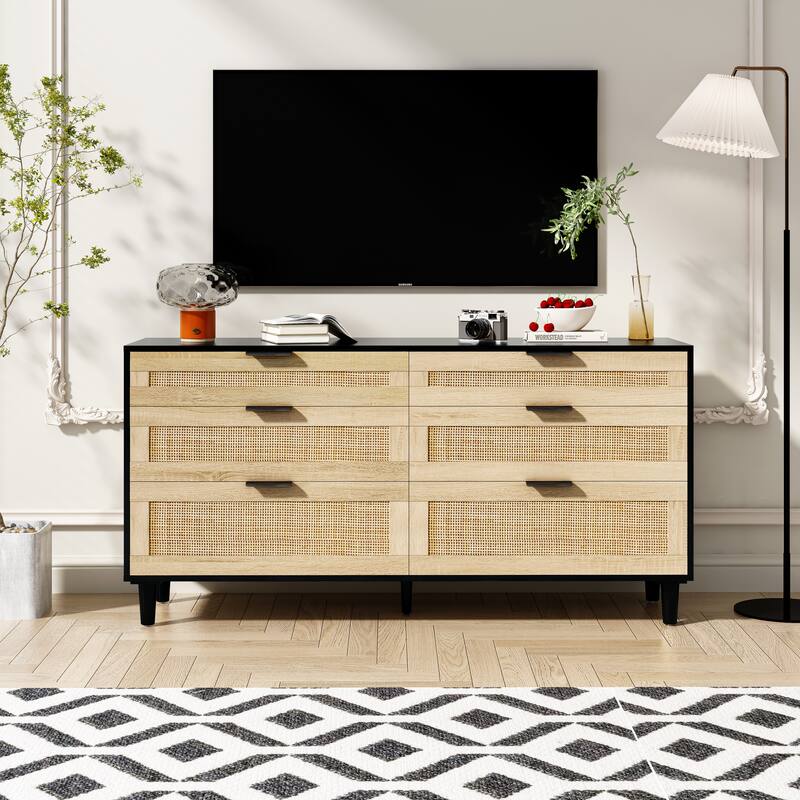 6 Drawers Rattan Dresser, Wooden Storage Wardrobe Dresser, Floor Standing Storage Cabinet with Metal Handle & Wood Legs - Black