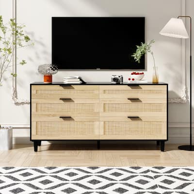 6 Drawers Rattan Dresser, Wooden Storage Wardrobe Dresser, Floor Standing Storage Cabinet with Metal Handle & Wood Legs