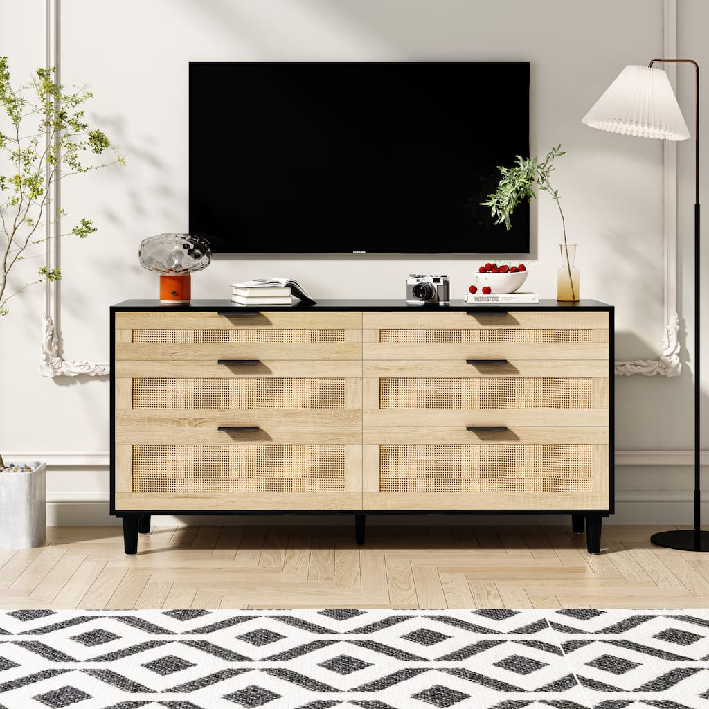 6 Drawers Rattan Dresser, Wooden Storage Wardrobe Dresser, Floor Standing Storage Cabinet with Metal Handle & Wood Legs
