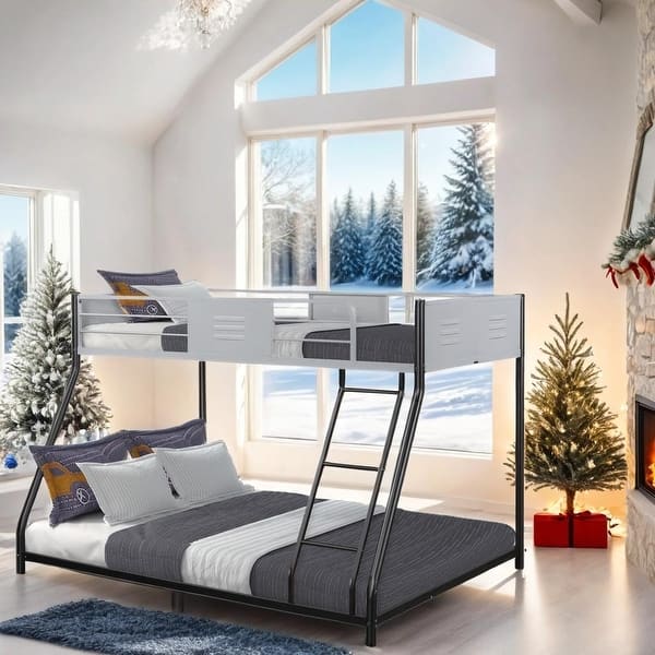 slide 2 of 13, Metal Twin over Full Bunk Bed/ Heavy-duty Sturdy Metal/ Noise Reduced/ Safety Vent Board Guardrail Black