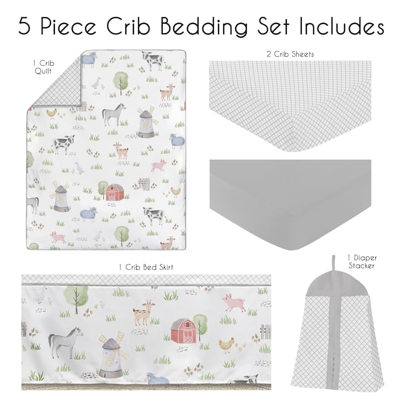 Sweet Jojo Designs Farm Animals Boy Girl Gender Neutral 5p Nursery Crib Bedding Set Grey Red Black White Watercolor Farmhouse