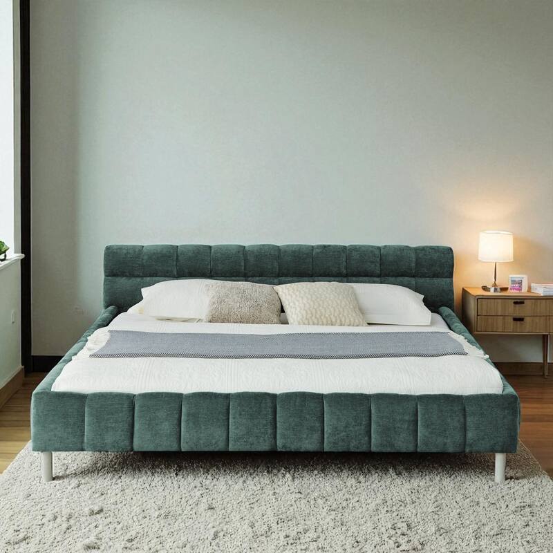 California King Upholstered Platform Bed, Thick Chenille, Low-Profile Headboard, No Box Spring, 90.5 x 80.5 x 31 in