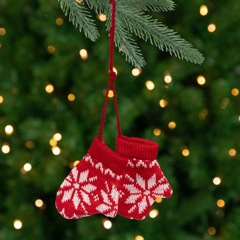 Nordic Knit Mittens Christmas Ornament - 4" - Red and White