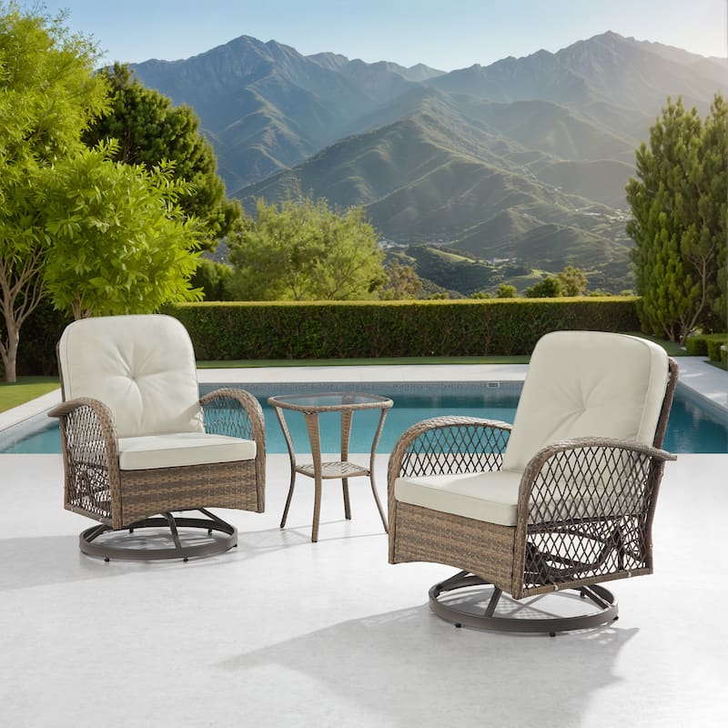 Corvus Helicon 3-Piece Outdoor Wicker Swivel Chat Set with Cushions and Glass Side Table