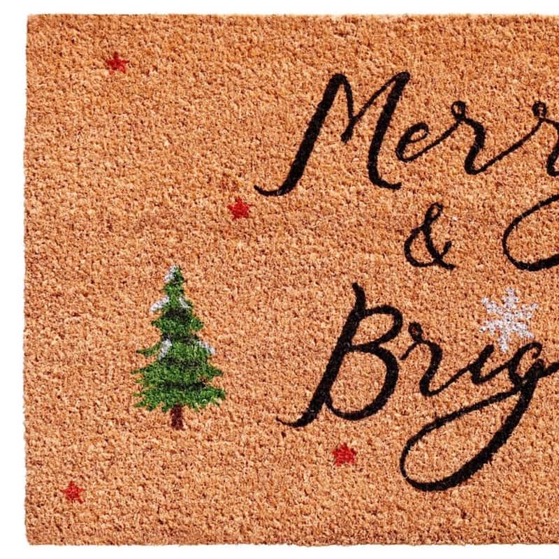 HomeRoots 36" X 72" Brown Black And Green Christmas Merry and Bright Outdoor Coir Door Mat - 36.00' X '72.00