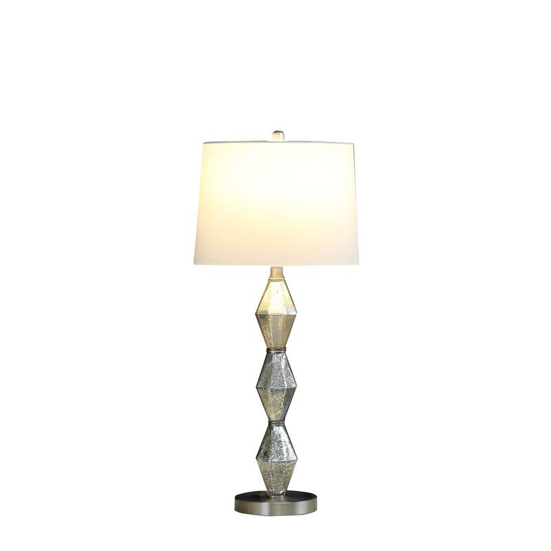 Modern Table Lamp - Geometric Glass Shade, Brushed Silver Finish, Bedroom Desk Lamp