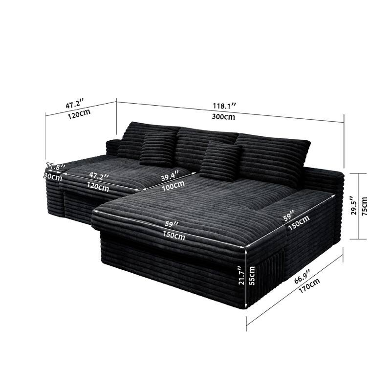 Roomfitters 118.1" Modular Sectional Sofa, 2-Piece Compressed Cloud Couch, No Assembly Required, Plush Corduroy, Black