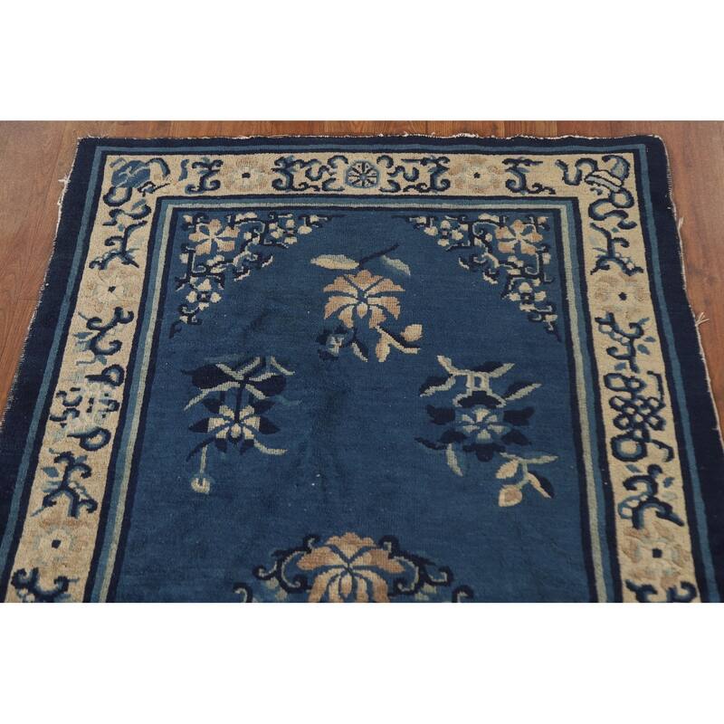 Vegetable Dye Blue Art Deco Chinese Antique Rug Handmade Wool Carpet - 3'1"x 5'9"