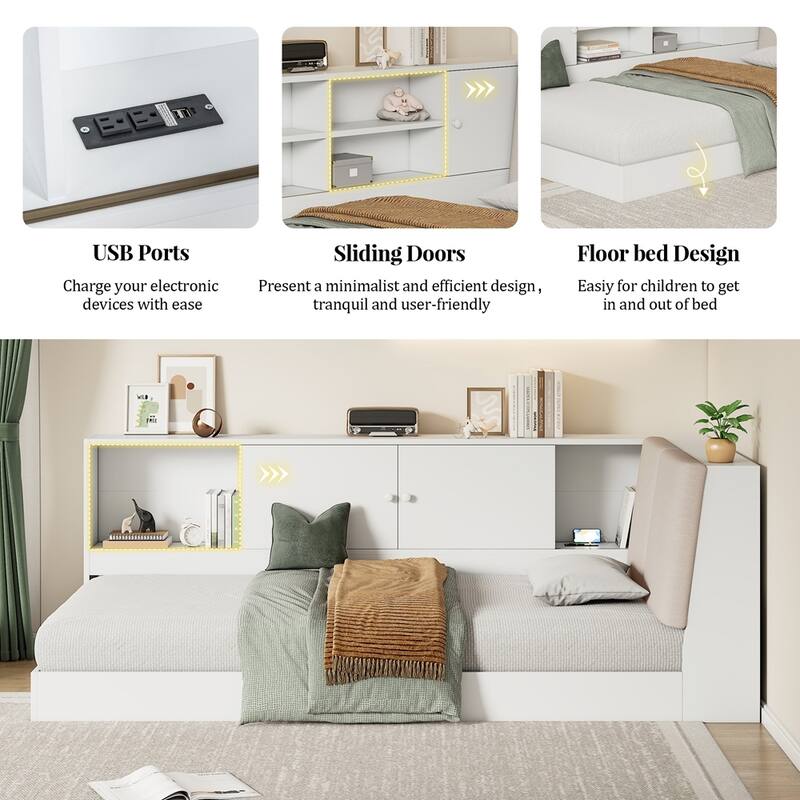 Wooden Twin Size L-shaped Daybed with Storage Bookcase