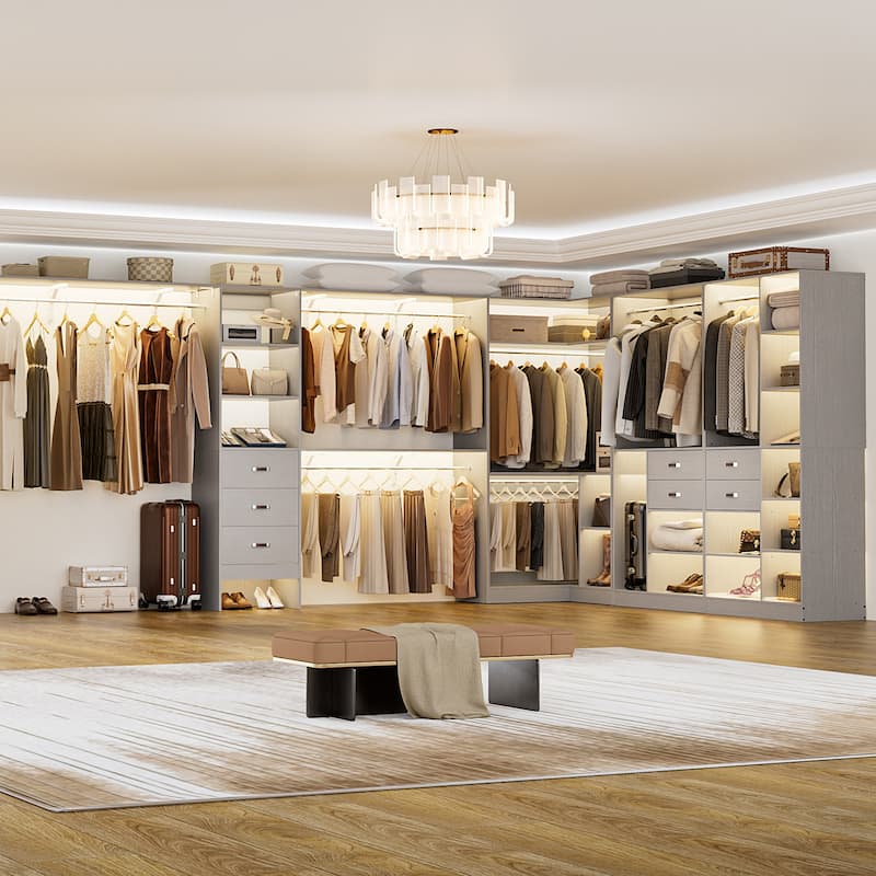 Navada 79'' - 110'' Freestanding Corner Closet System, Reversible Closet Organizer with Drawers and Hanging Rods