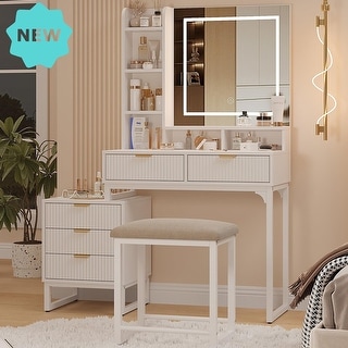 Vanity Desk with LED Mirror and Stool, Movable Side Cabinet, 5 Drawers ...