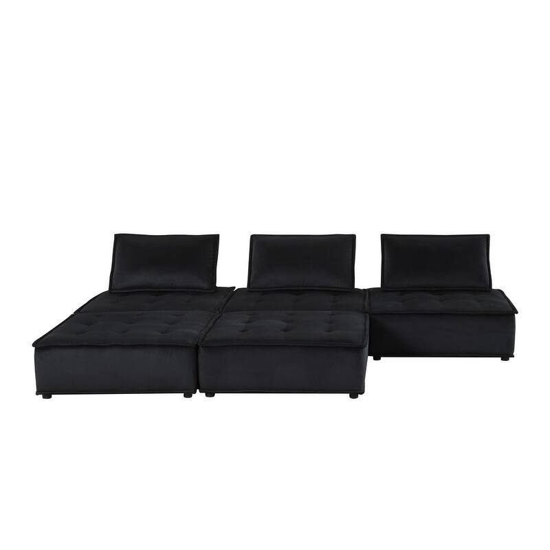 Alaya 5pc Modular Sectional Sofa with 2 Ottomans, Black Velvet Upholstery