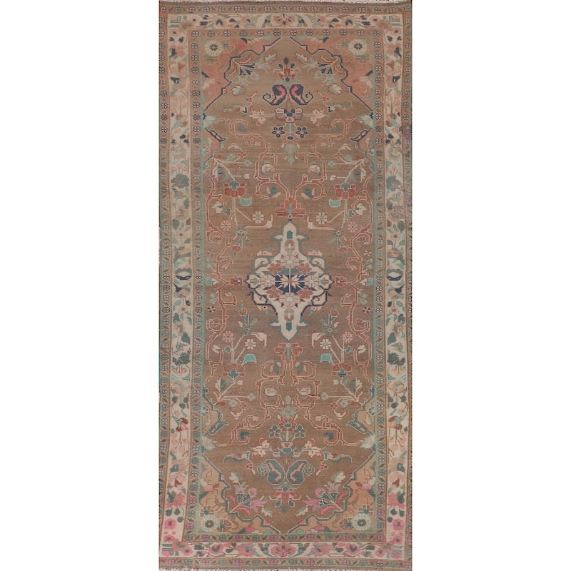 Brown Mahal Persian Vintage Runner Rug Handmade Wool Carpet - 3'4" x 9'3"