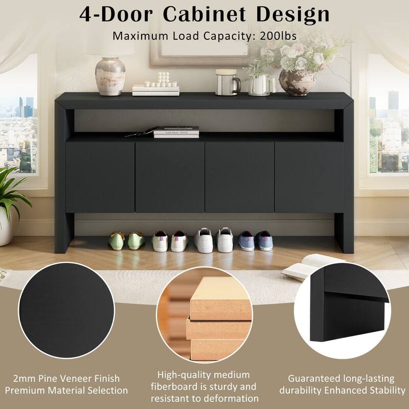 60" Modern 4-Door Sideboard with Open Shelf, Solid Wood Veneer Storage Cabinet for Living Room, Entryway (Black/Natural)