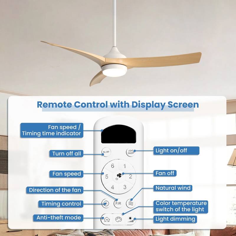 52/60 Inch Ceiling Fan with Integrated LED Light and Remote Control Quiet DC Motor