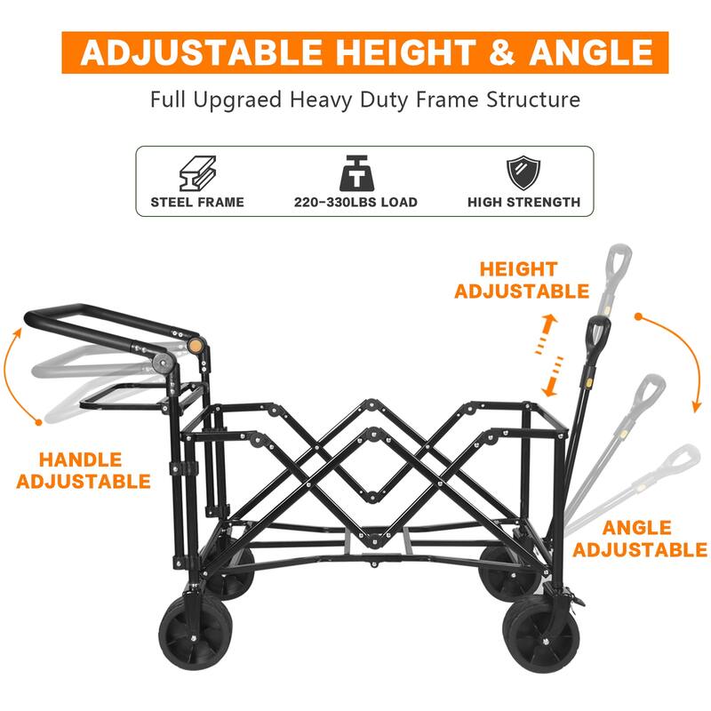 Folding Utility Wagon with Canopy, 220lb Capacity, Adjustable Handles, Thick Wheels with Brakes, Heavy Duty