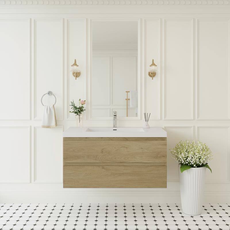 ABRUZZO 42" Floating Single Bathroom Vanity Wall-Mounted with Integrated Resin Top Basin 2 Soft Close Drawers Full Assembly - Natural Oak