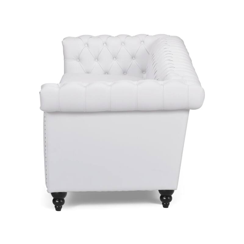 Chis Sofa, Deep Chesterfield Tufted White Faux Leather, 83 Inch