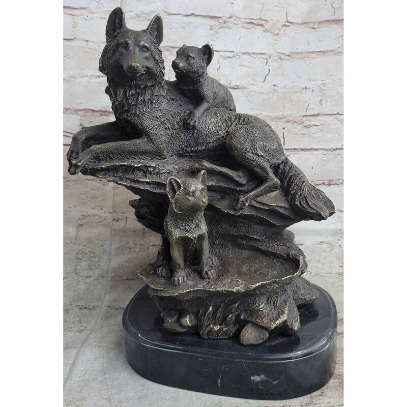 Family Of Wolves Mother Imitative Wolf Cubs Pups Bronze Statue Sculpture Decor Marble Base