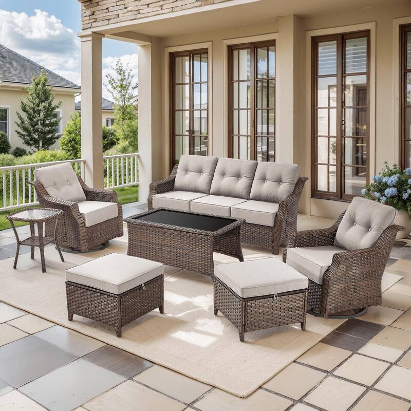 7PCS Outdoor Sofa Glider Chair Table with Ottoman - Brown Wicker & Beige Cushion - 7PCS Sofa Glider Chair Table with Ottoman