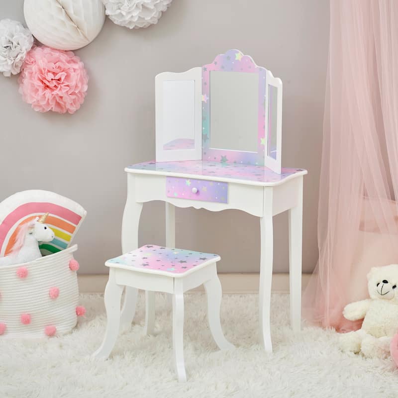 Teamson Kids Wooden Play Vanity Set with Tri-Fold Mirror, Storage Drawer and Stool, Kids Dressing Table for Girls Ages 3-5