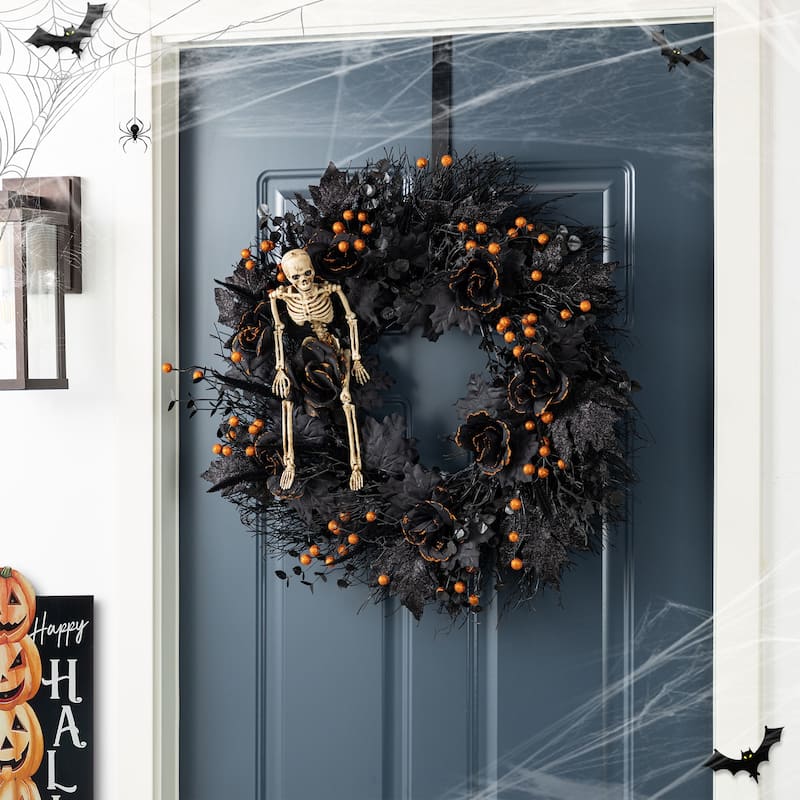 Glitzhome 22"H Halloween Black Rose Skeleton and Berry Urn Potted Table Tree - Wreath-24"D