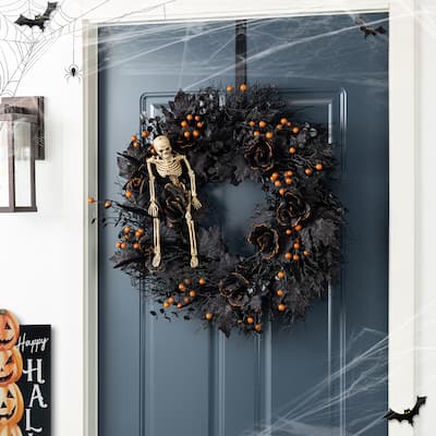 Glitzhome Halloween Black Rose Skeleton & Berry Wreath or Teardrop Swag
