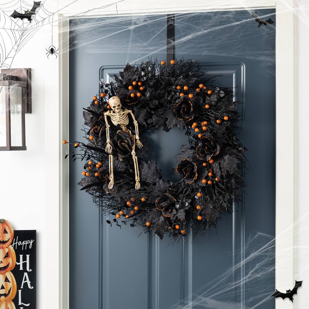 Glitzhome Halloween Black Rose Skeleton & Berry Wreath or Teardrop Swag