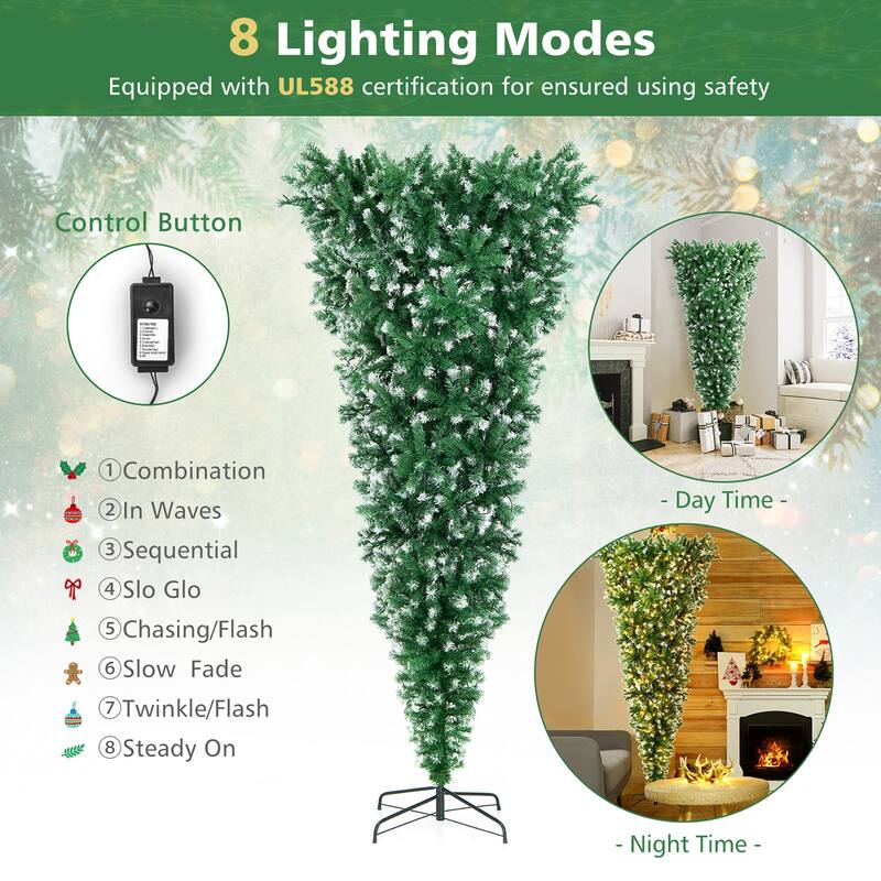 Gymax 7.5FT Pre-Lit Snowy Inverted Christmas Tree Artificial Tree w/