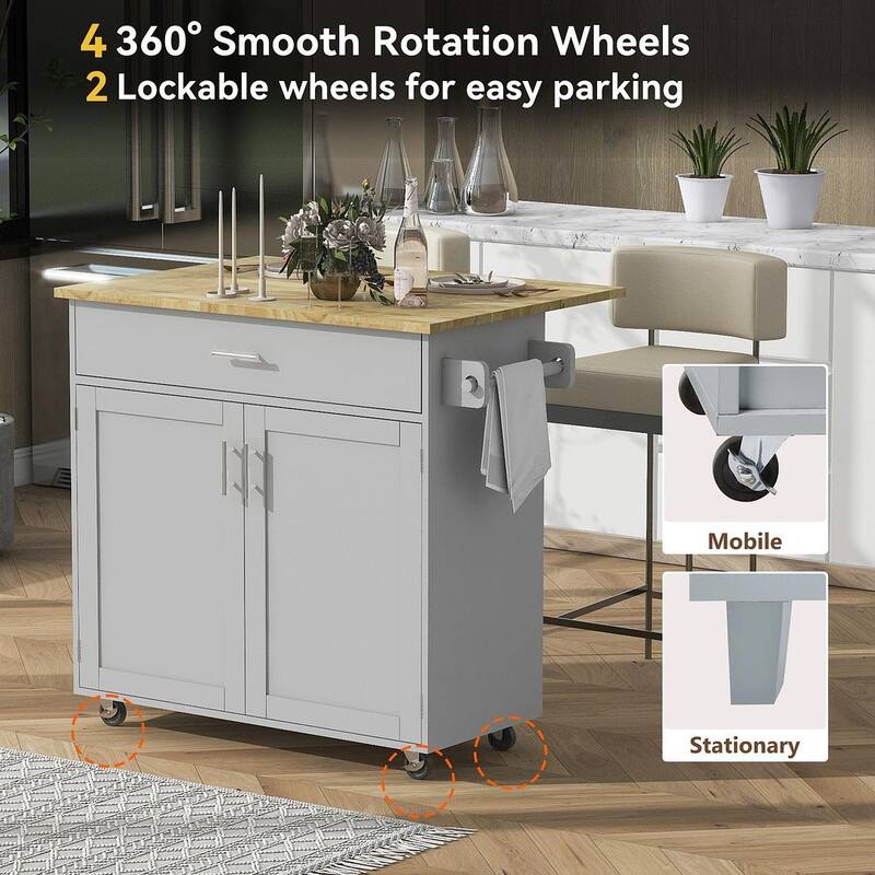 39.00 "W Modern Rubberwood Top Kitchen Cart with Storage and Towel Racks
