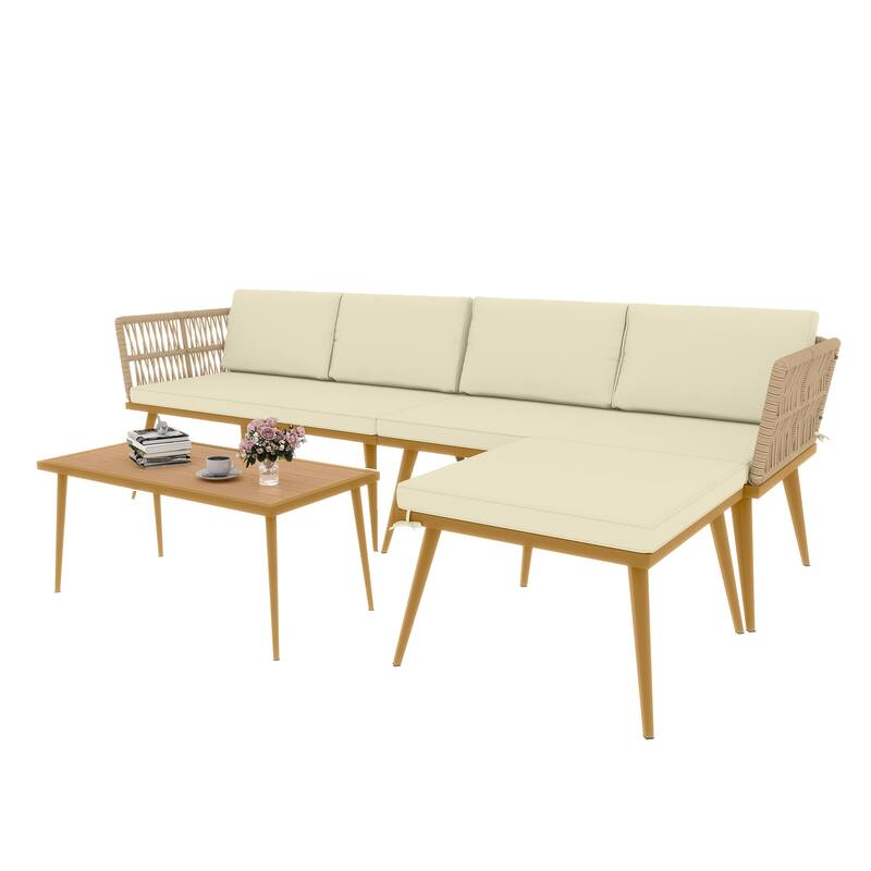 Moasis 4 Pieces Patio Conversation Set Sectional L-Shaped Sofa with Cushions and Side Table