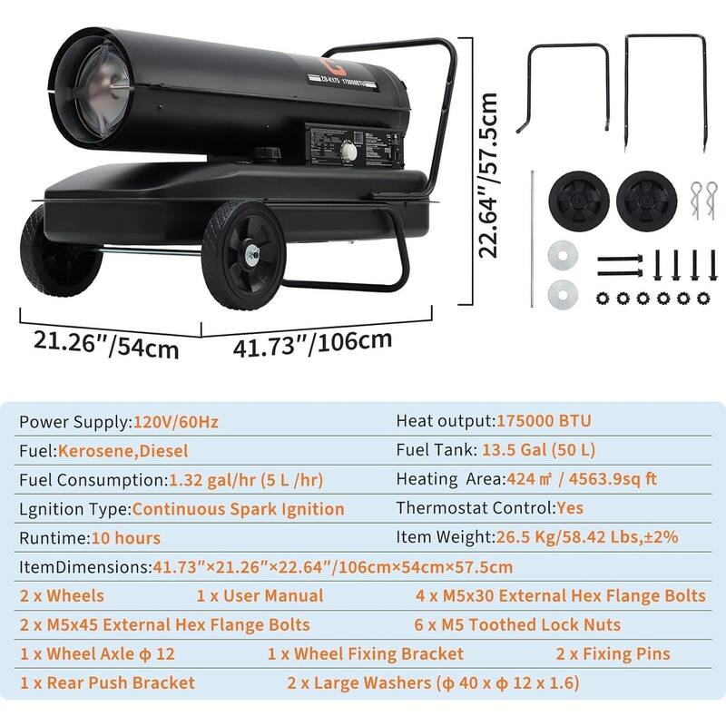 175000 BTUs Forced Air Kerosene Diesel Heater, with Thermostat and Wheels
