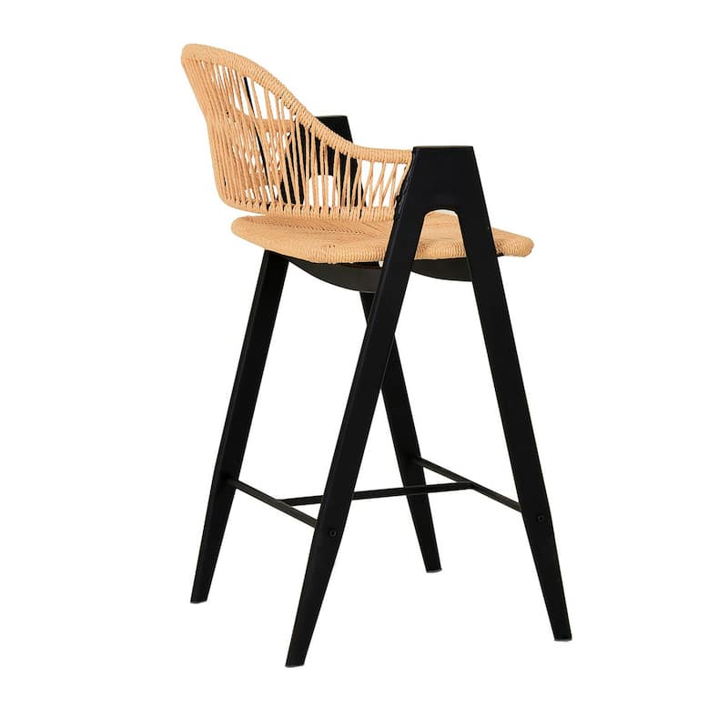 26 Inch Counter Stool Chair Set of 2, Woven Back, Iron Frame, Rattan, Beige