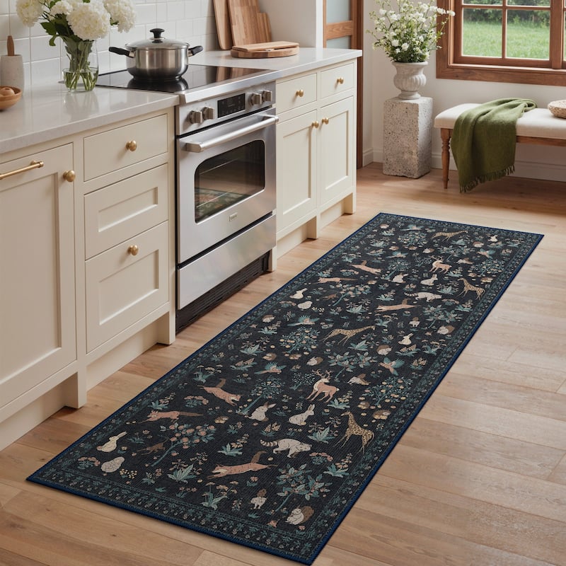 Mcow Woodland Friends Animal Print Low-Pile Machine-Washable Area Rug - Black - 2' x 10' - Runner