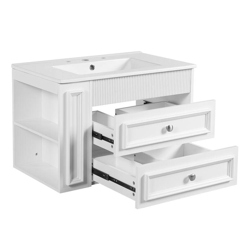 GDFStudio - Merrow Modern Wall-Mounted Bathroom Vanity with 3 Holes Single Ceramic Sink and 2 Storage Drawers - 30'W