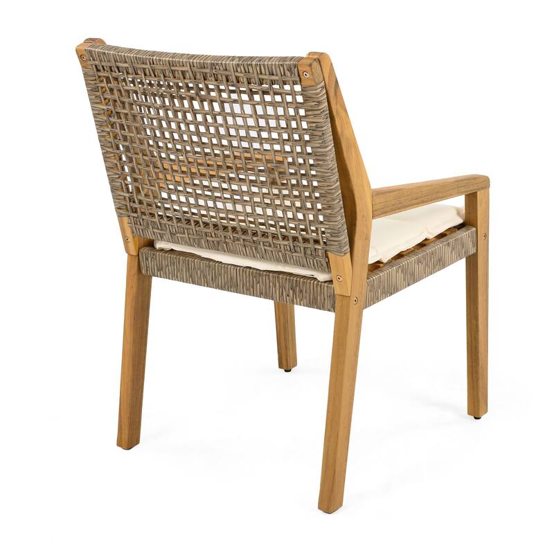 OUTDOOR DINING CHAIR -Acacia Wood & Wicker with Cream Cushion Patio Furniture-Teak finish & wicke Brown -MP2(set of 2)