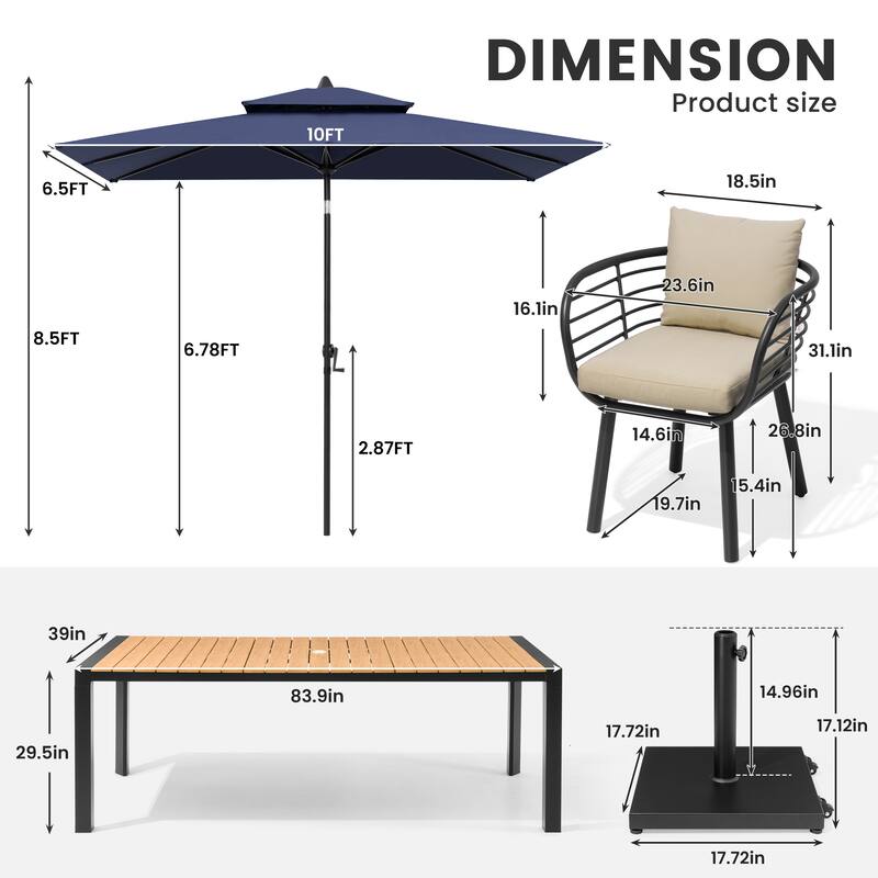 9/11-Piece Outdoor Dining Set w/10 ft Umbrella and Base Aluminum Dining Table and Chairs with Sunbrella Cushions