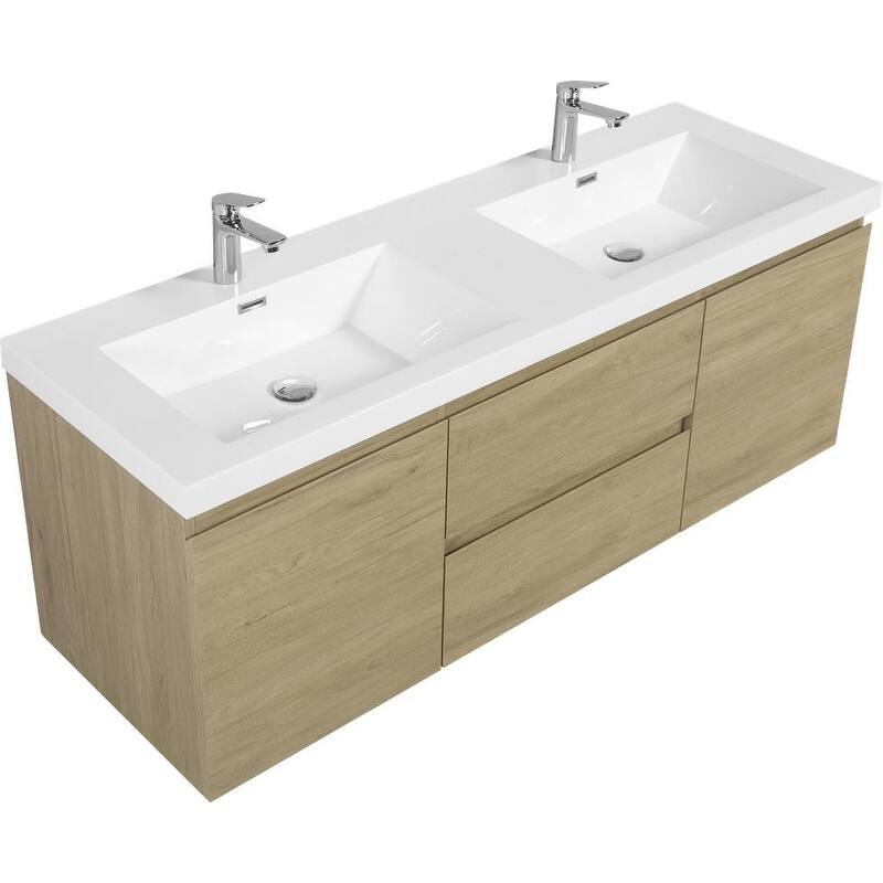 ABRUZZO 60" Floating Bathroom Double Vanity with Integrated Resin Top 2 Basins 2 Cabinets 2 Soft Close Drawers Full Assembly