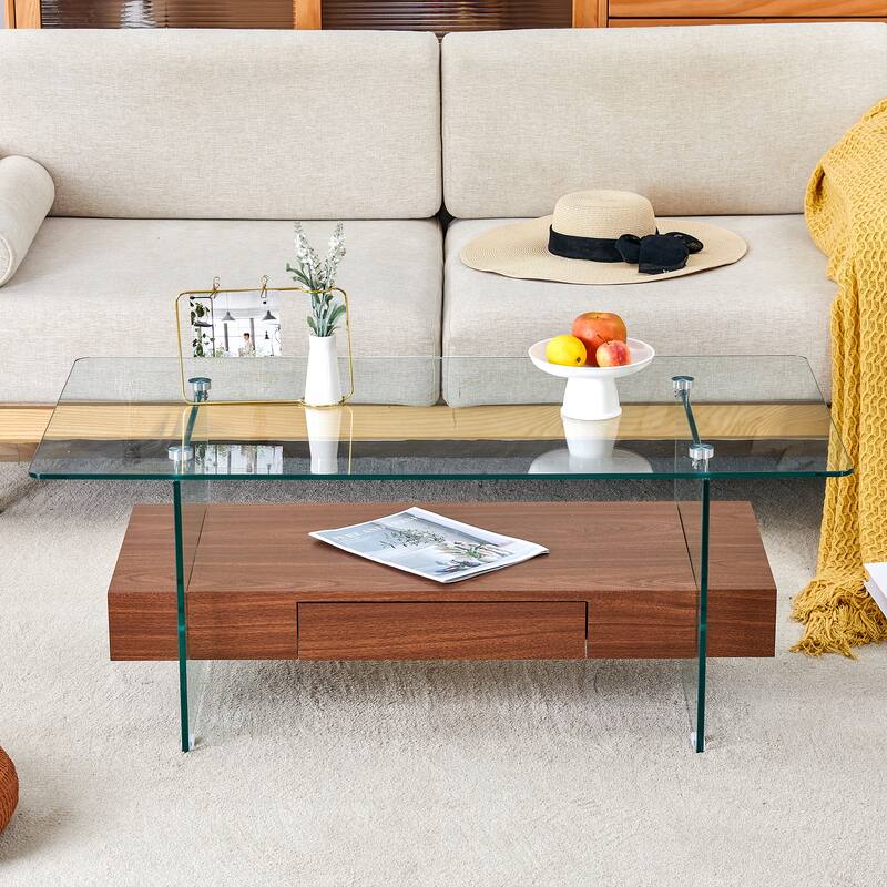 43.3 Inch Double Layer Coffee Table Storage Side Table with Open Storage Shelves, Drawers Glass Center Table End Table