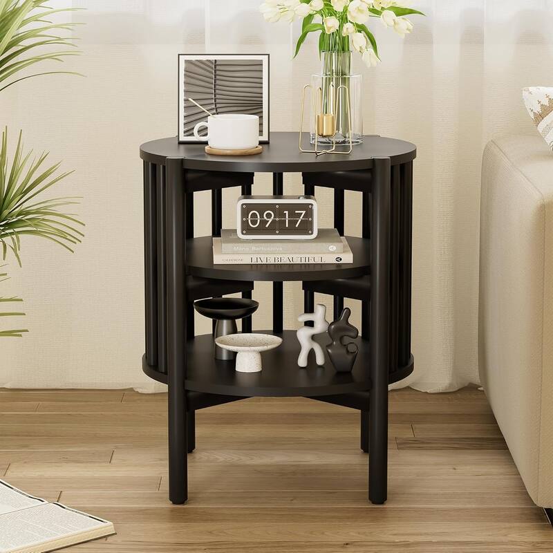 Modern Wood Nightstand with Open Storage, Round End Table for Living Room, Bedroom